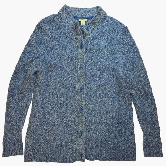LL Bean Cable Knit Cardigan Button Up Womens L Pet. Blue Fisherman Coastal Grand - Picture 1 of 10